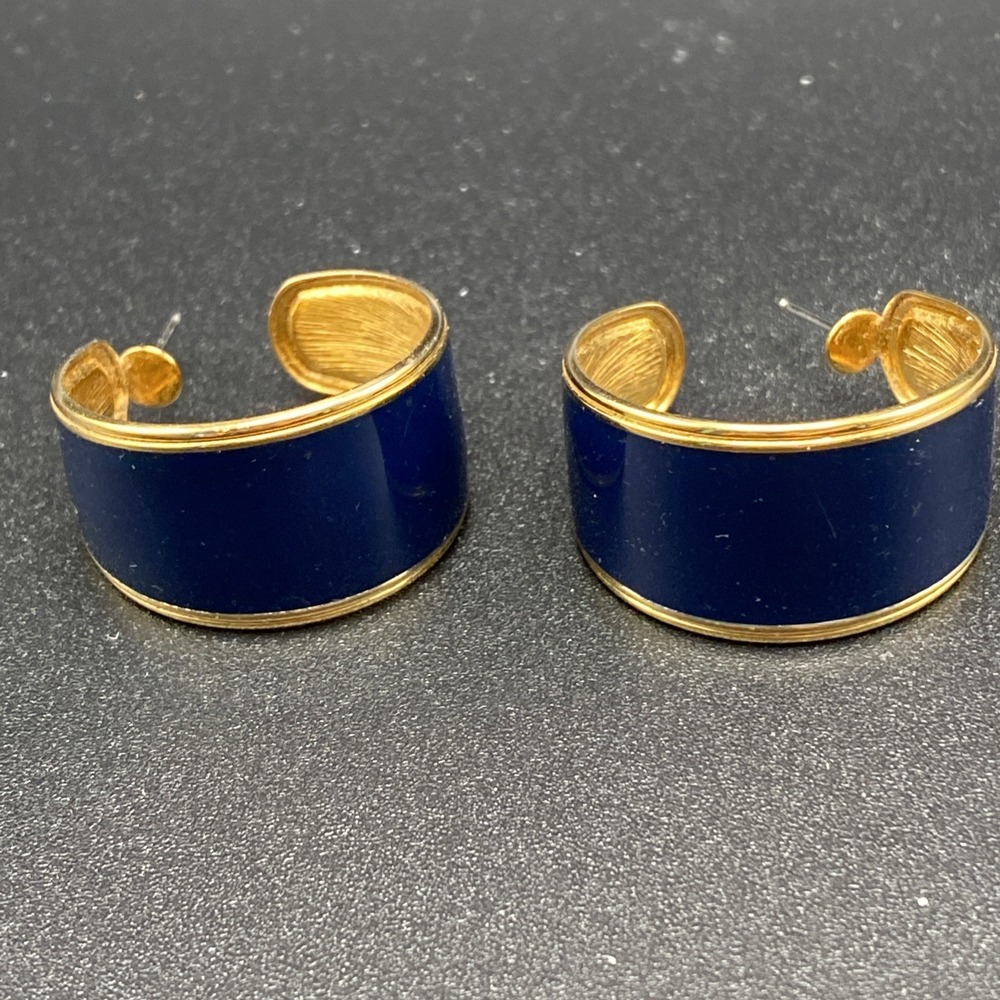 Monet Enamel Hoop Earrings Vintage Navy Blue 1"